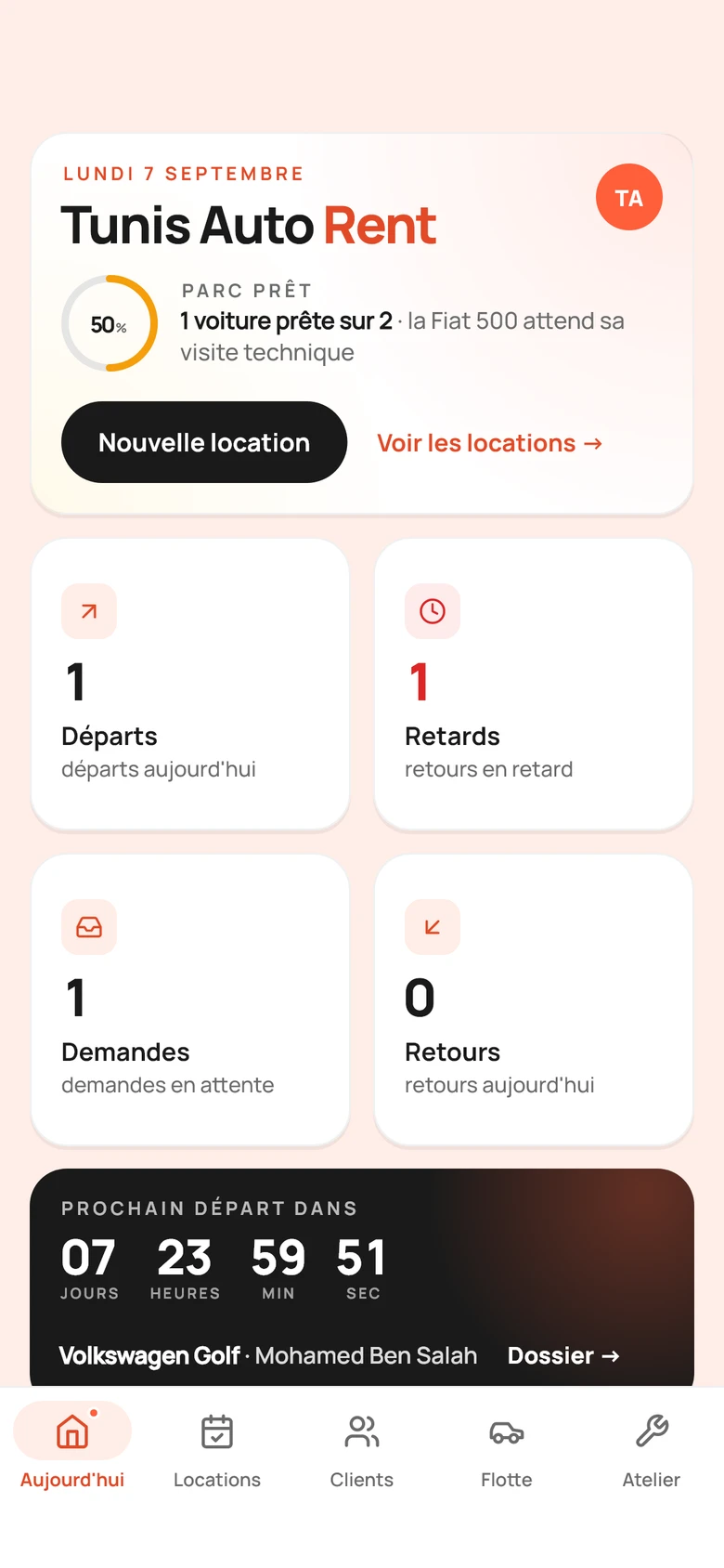 L'application du gérant : Tunis Auto Rent, le parc prêt, les départs, les retards, les demandes et le prochain départ en compte à rebours