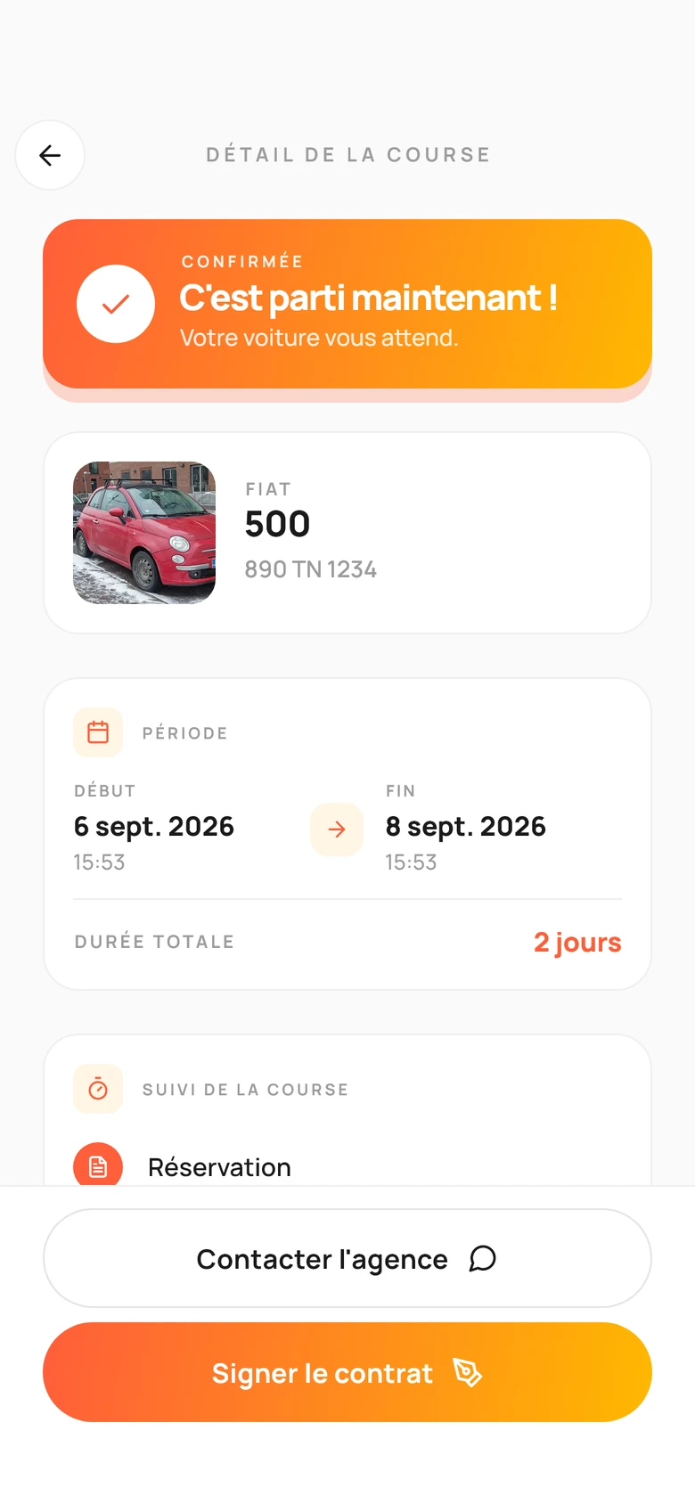 Côté client : la réservation confirmée par l'agence, le contrat à signer