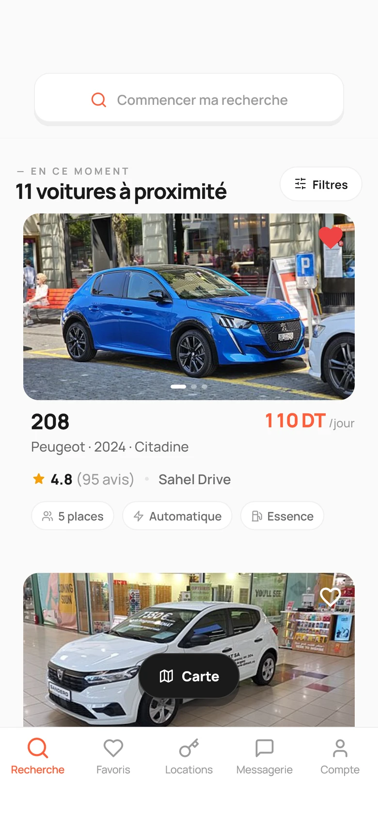 La recherche : onze voitures à proximité, la Peugeot 208 à 110 DT par jour